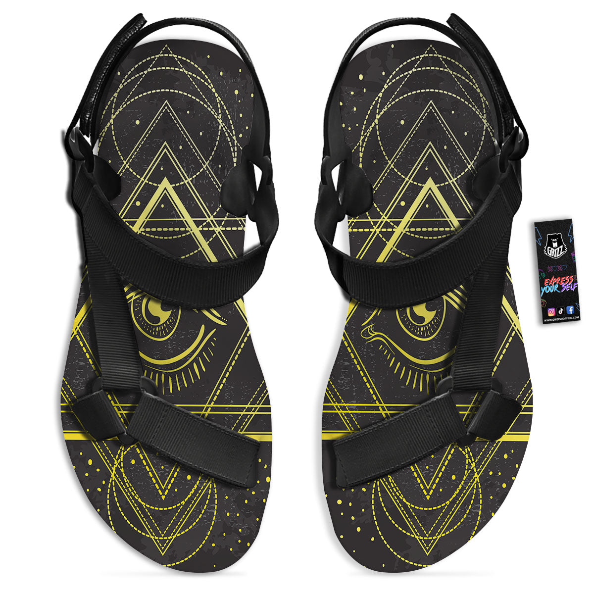 Symbol All Seeing Eye Print Black Open Toe Sandals-grizzshop