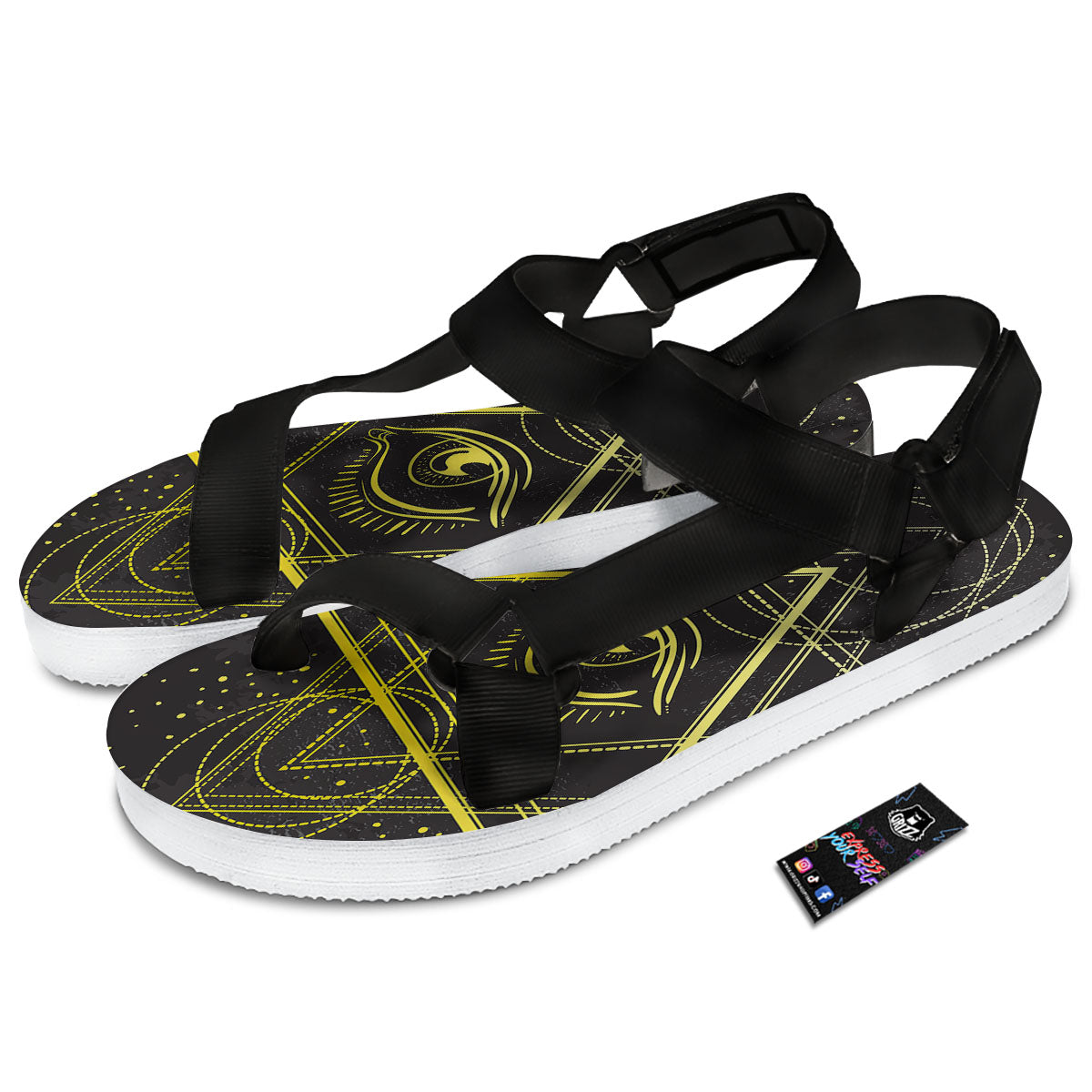Symbol All Seeing Eye Print Black Open Toe Sandals-grizzshop