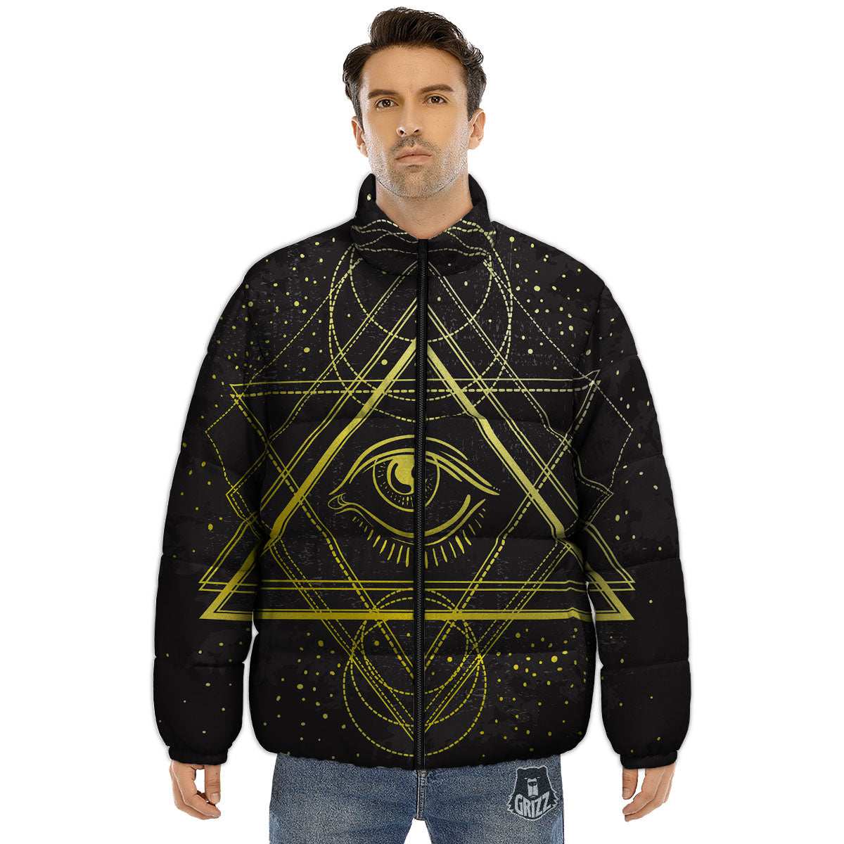 Symbol All Seeing Eye Print Puffer Jacket-grizzshop