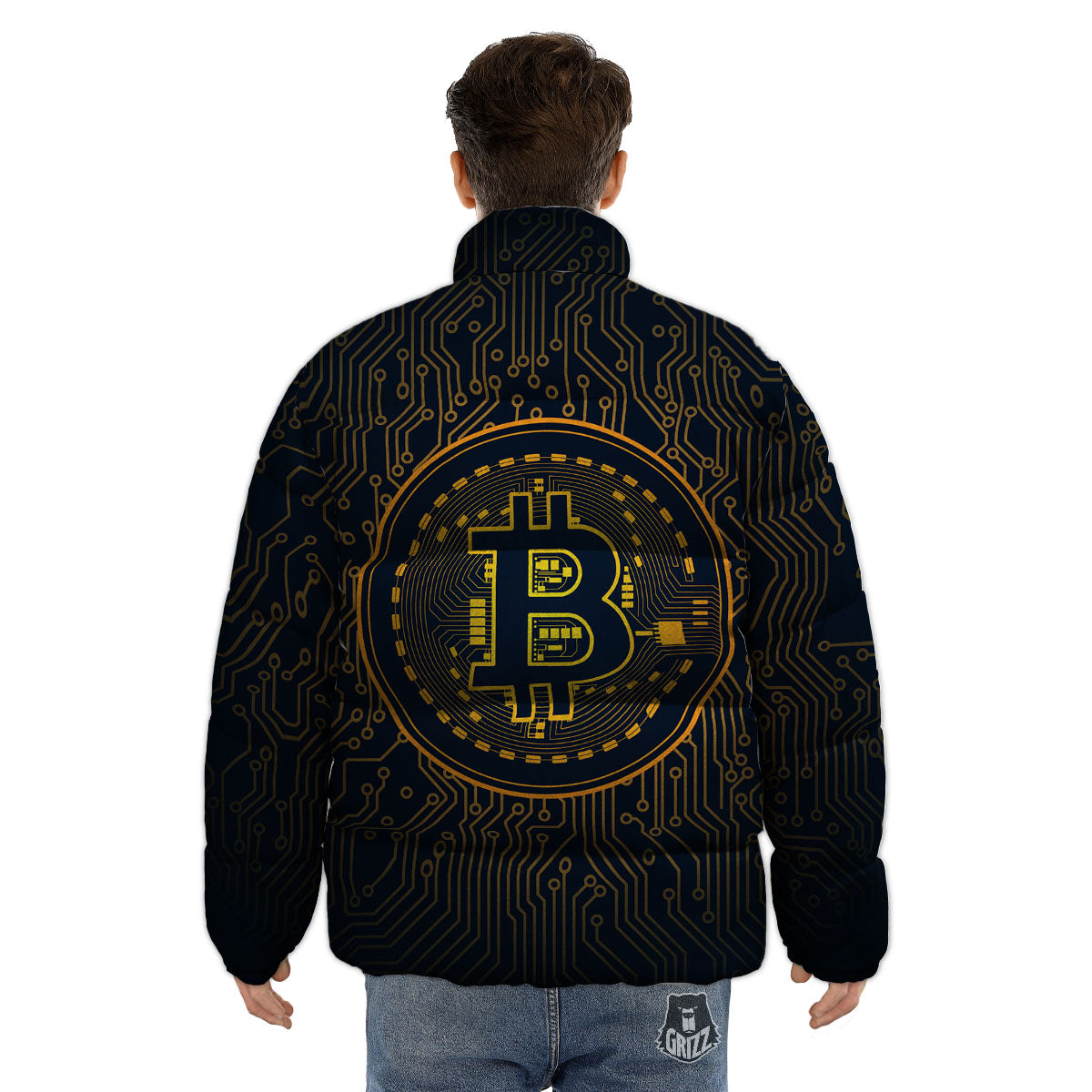 Symbol Bitcoin Crypto Print Puffer Jacket-grizzshop