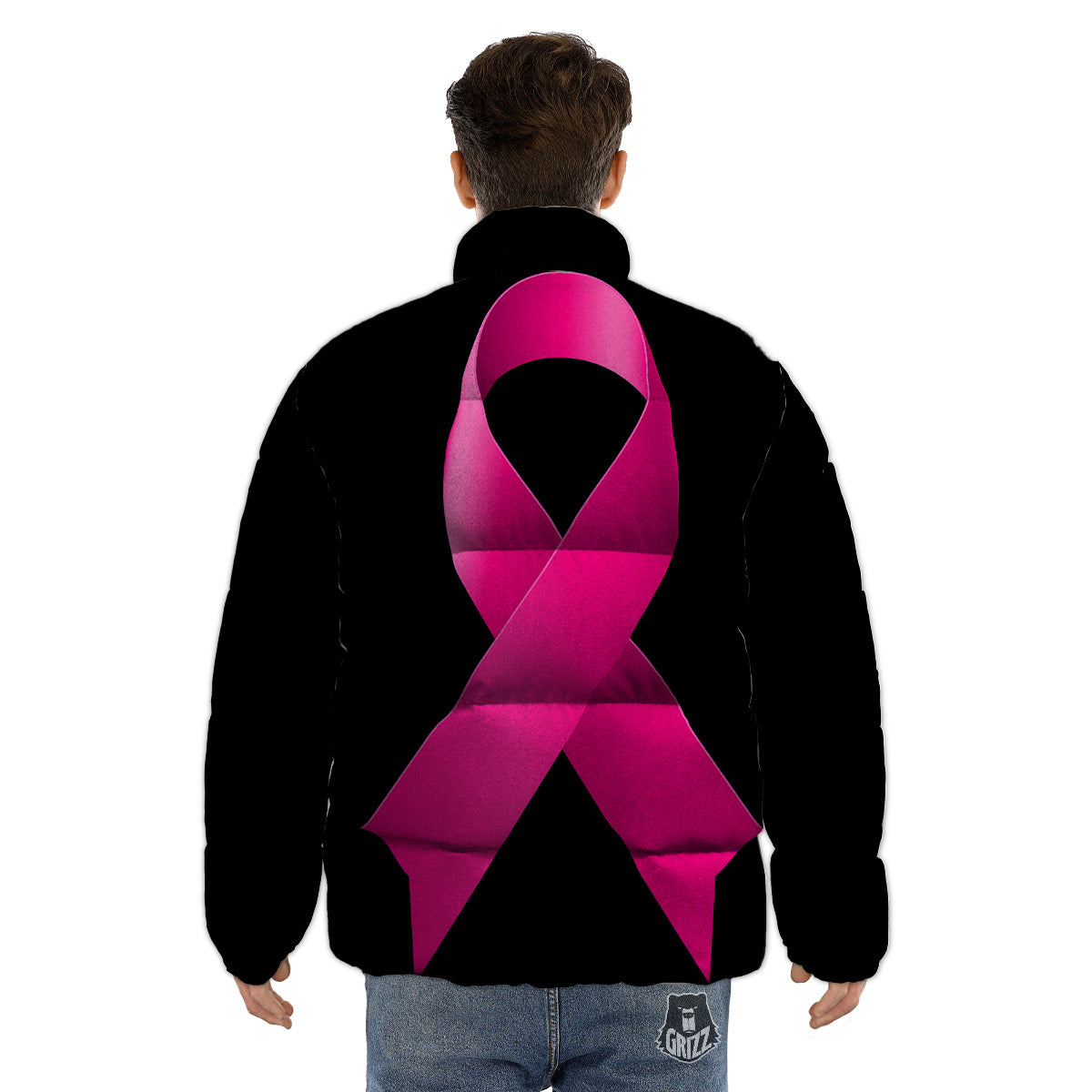 Symbol Breast Cancer Awareness Print Puffer Jacket-grizzshop