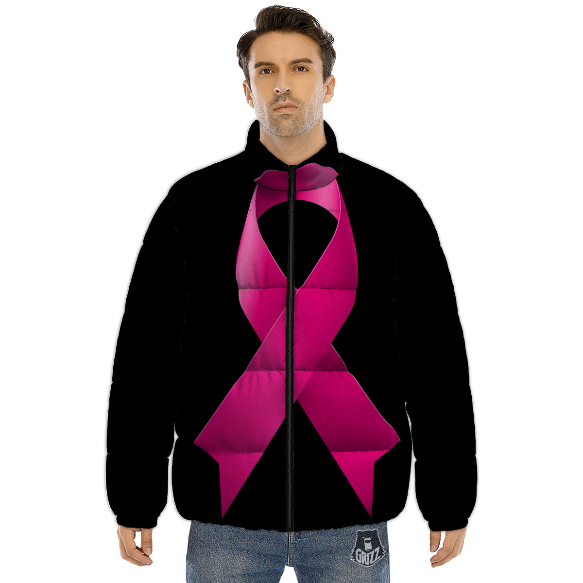 Symbol Breast Cancer Awareness Print Puffer Jacket-grizzshop