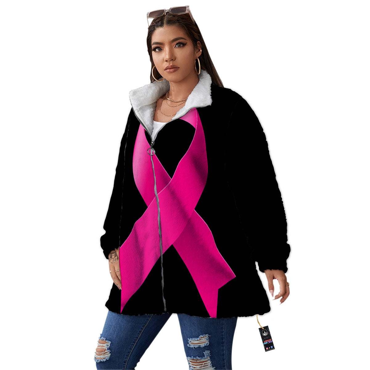 Symbol Breast Cancer Awareness Print Women's Sherpa Jacket-grizzshop