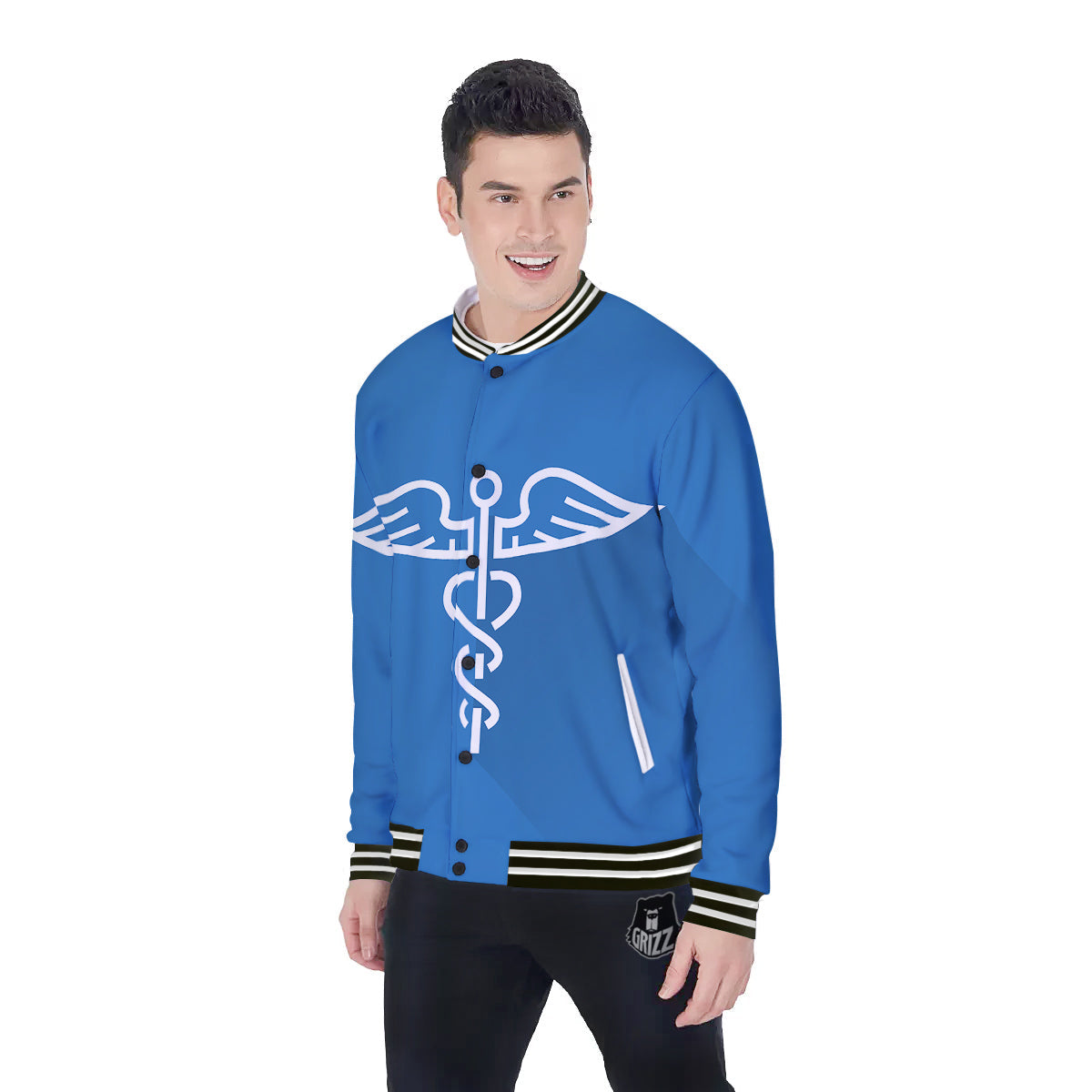 Symbol Caduceus Print Baseball Jacket-grizzshop