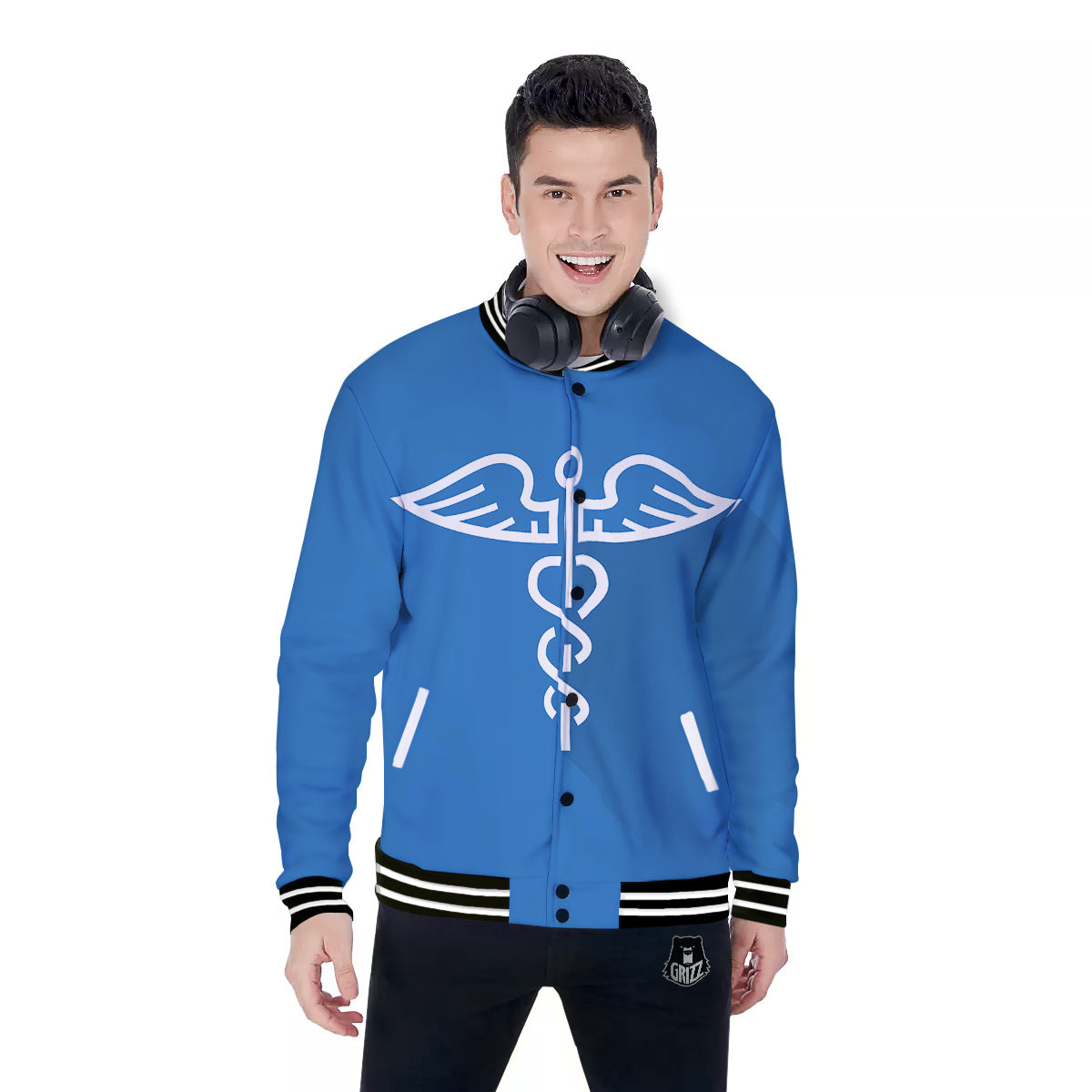 Symbol Caduceus Print Baseball Jacket-grizzshop