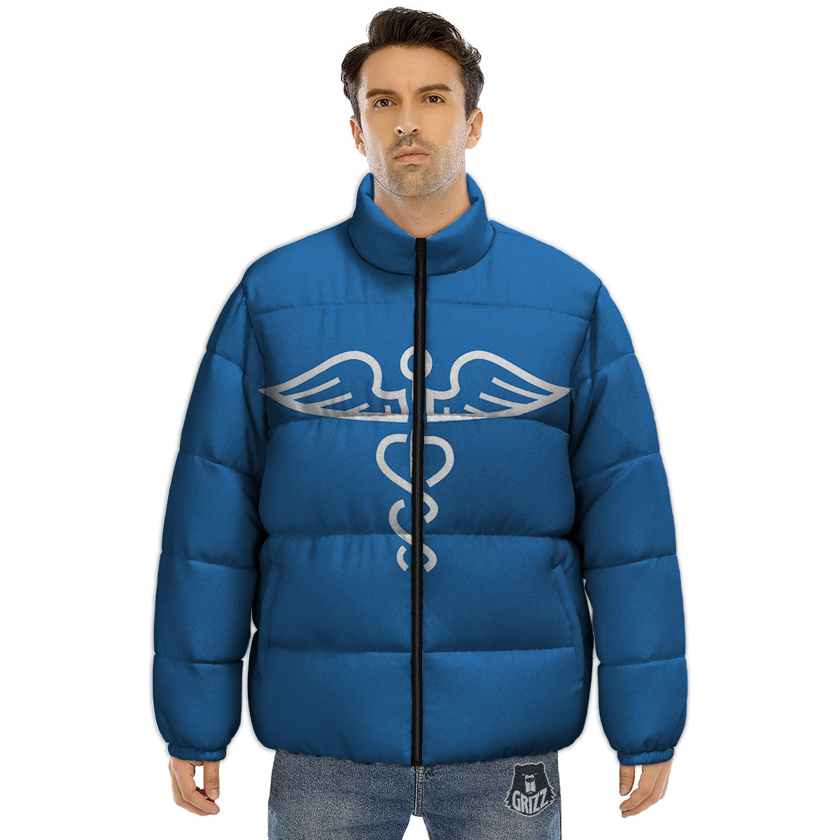 Symbol Caduceus Print Puffer Jacket-grizzshop