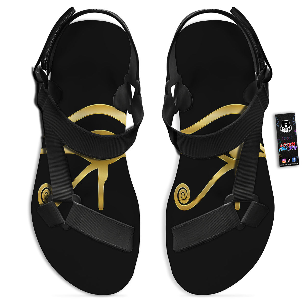 Symbol Eye Of Horus Print Black Open Toe Sandals-grizzshop