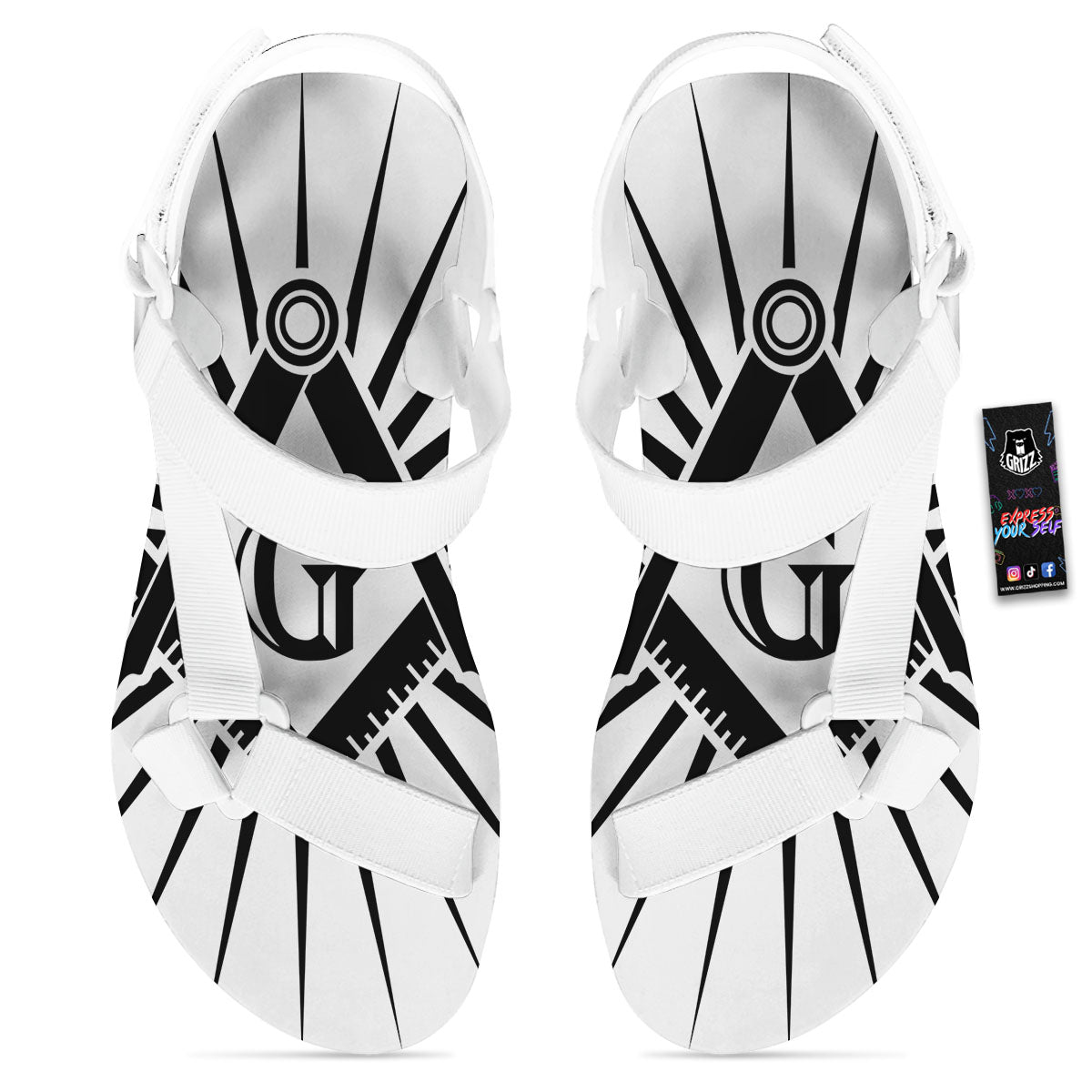Symbol Freemasonry Print White Open Toe Sandals-grizzshop