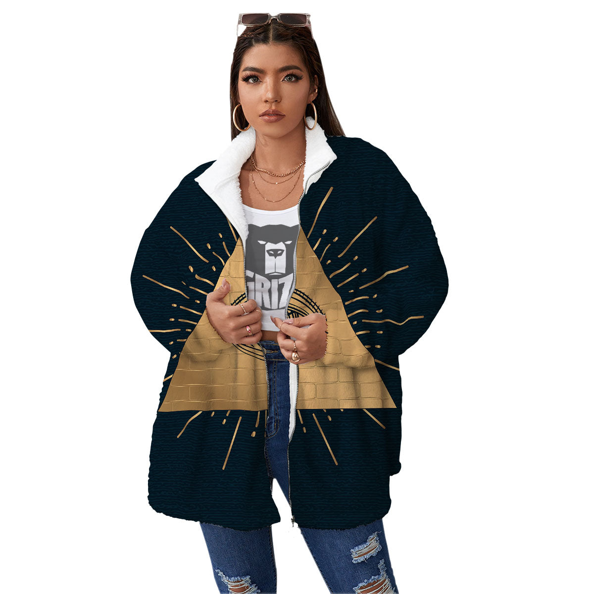 Symbol Illuminati Print Women's Sherpa Jacket-grizzshop
