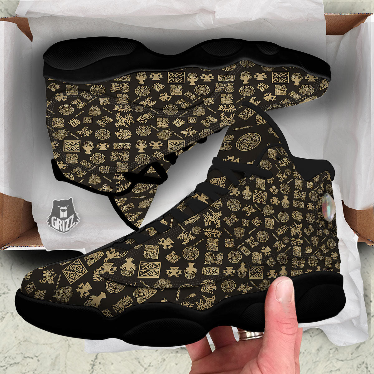 Symbol Mayan Print Pattern Black Basketball Shoes-grizzshop