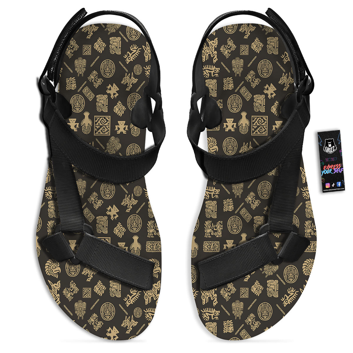 Symbol Mayan Print Pattern Black Open Toe Sandals-grizzshop