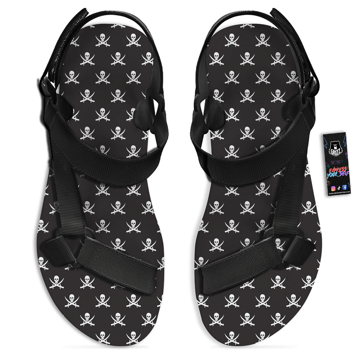 Symbol Pirate Skull Print Pattern Black Open Toe Sandals-grizzshop