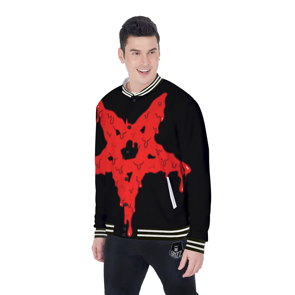 Symbol Red Pentagram Print Baseball Jacket-grizzshop