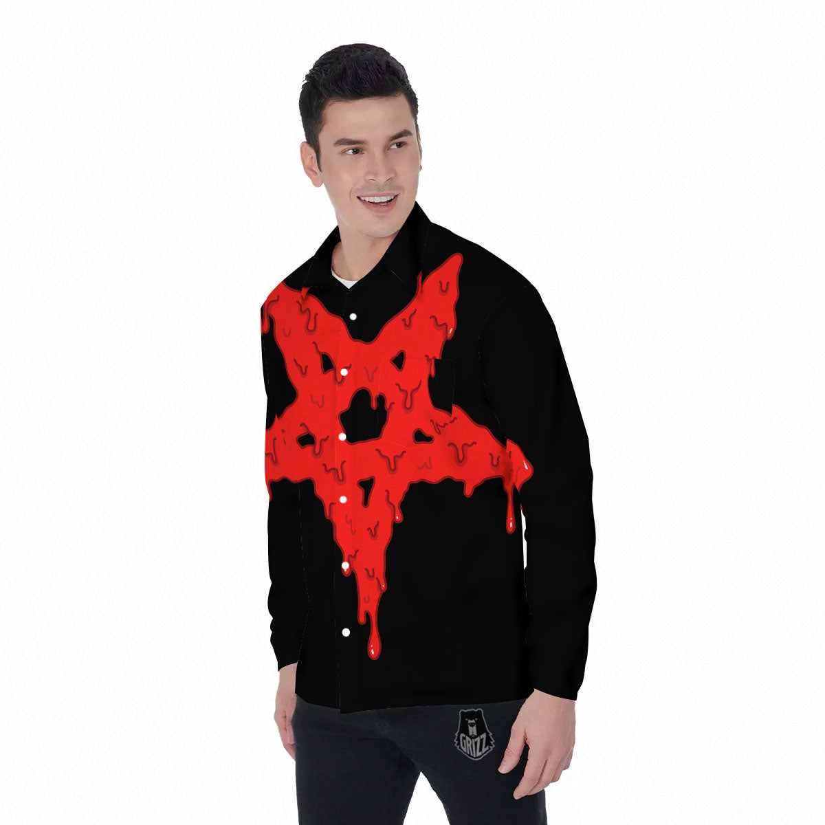 Symbol Red Pentagram Print Men's Long Sleeve Shirts-grizzshop