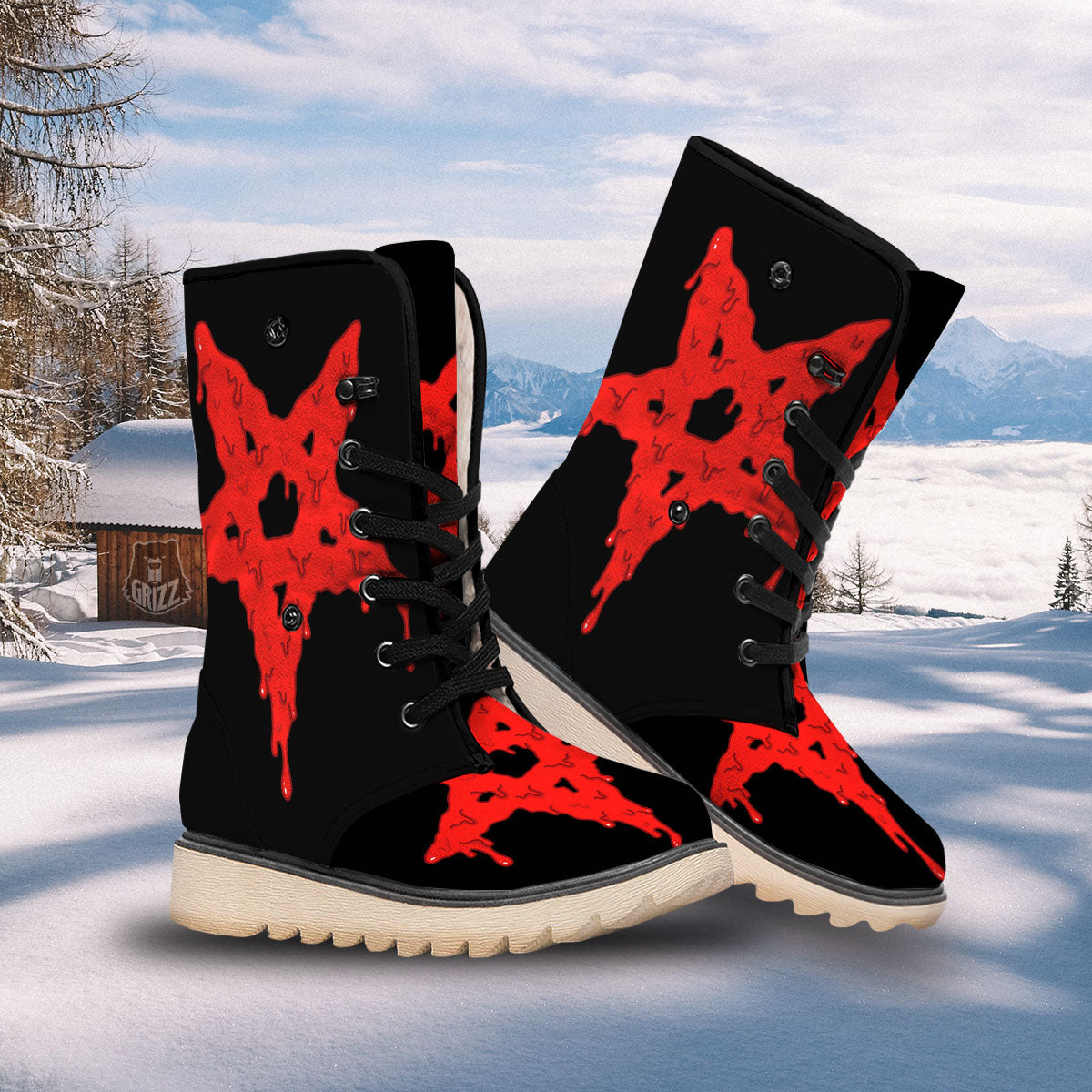 Symbol Red Pentagram Print Snow Boots-grizzshop