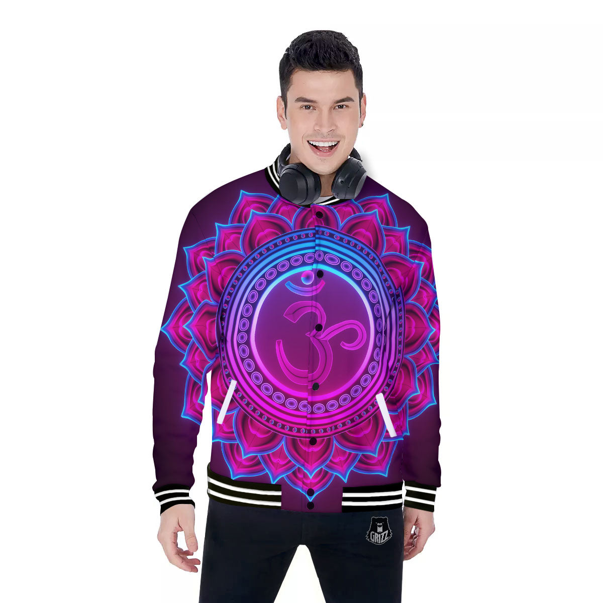 Symbol Sahasrara Chakra Print Baseball Jacket-grizzshop