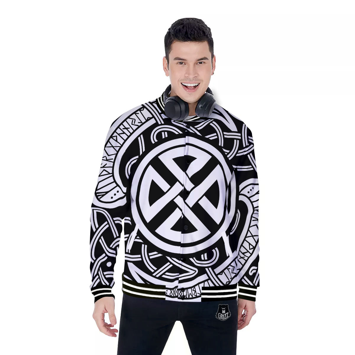 Symbol Viking Norse Runes Print Baseball Jacket-grizzshop