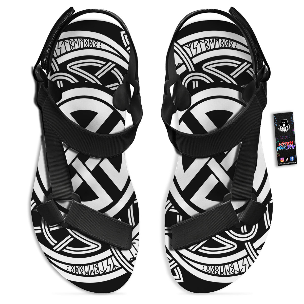 Symbol Viking Norse Runes Print Black Open Toe Sandals-grizzshop