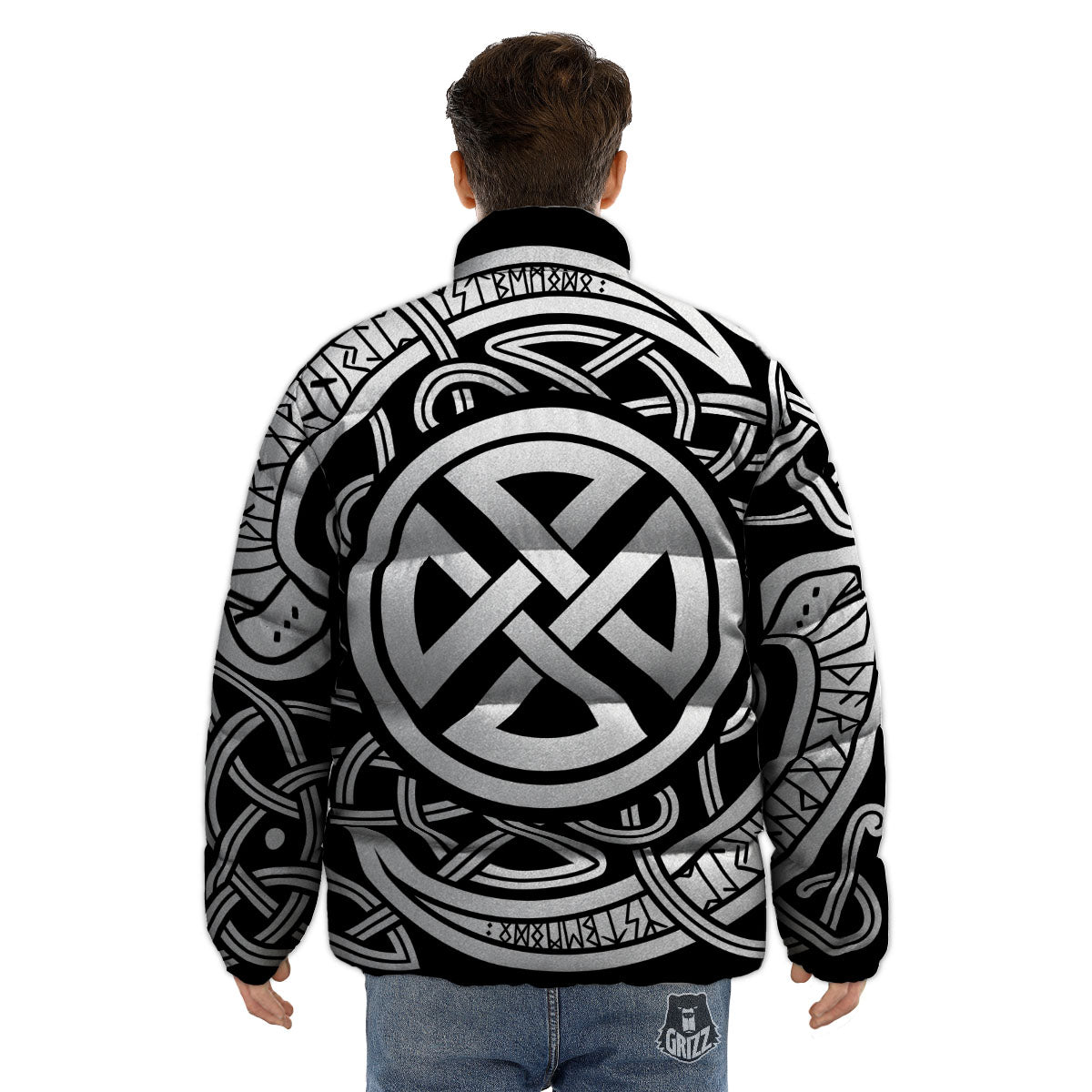 Symbol Viking Norse Runes Print Puffer Jacket-grizzshop