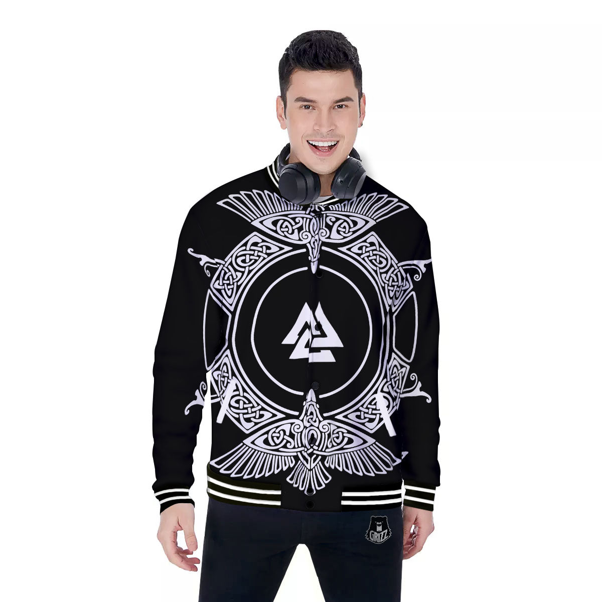 Symbol Viking Valknut Print Baseball Jacket-grizzshop