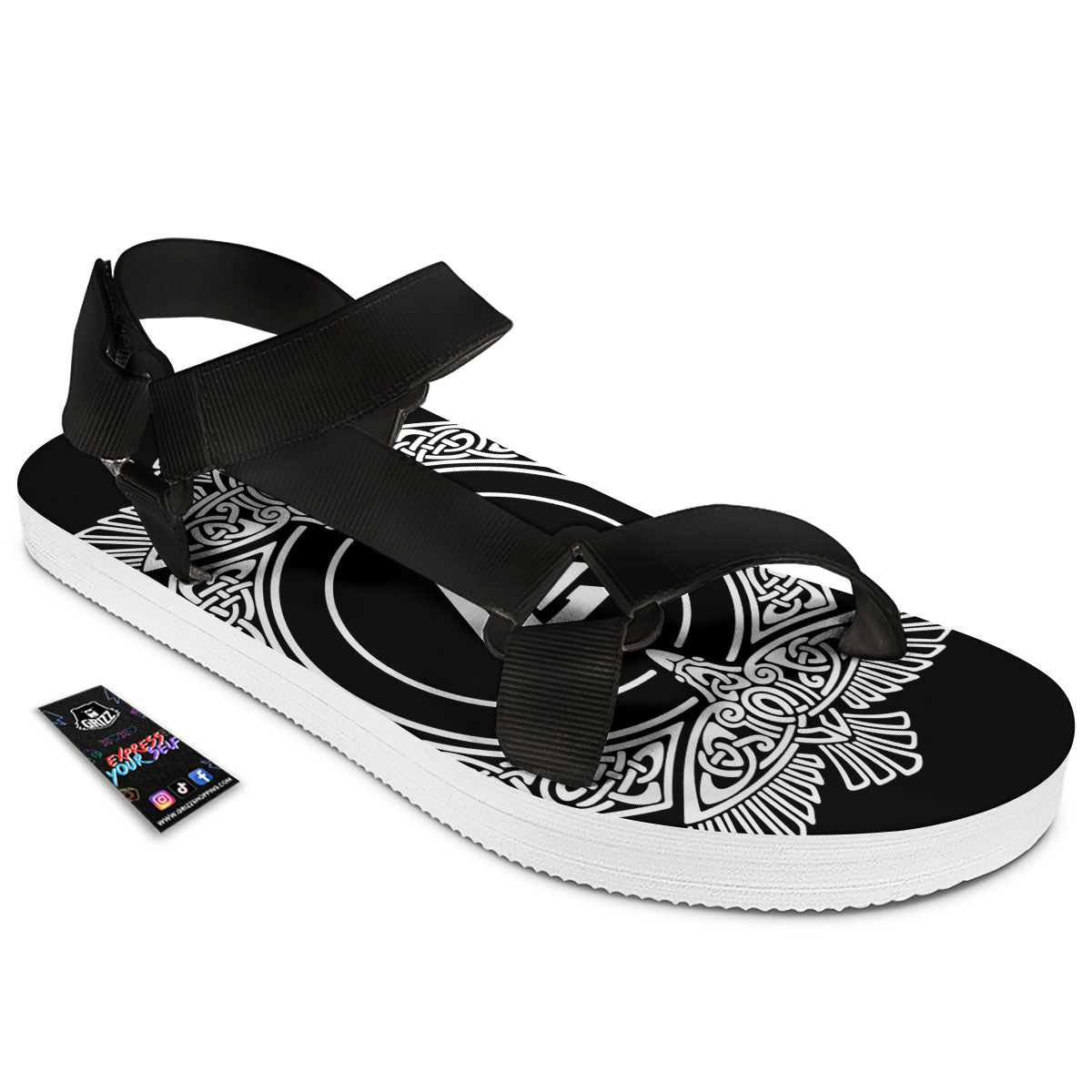 Symbol Viking Valknut Print Black Open Toe Sandals-grizzshop