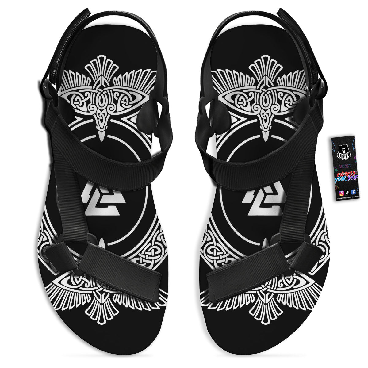 Symbol Viking Valknut Print Black Open Toe Sandals-grizzshop