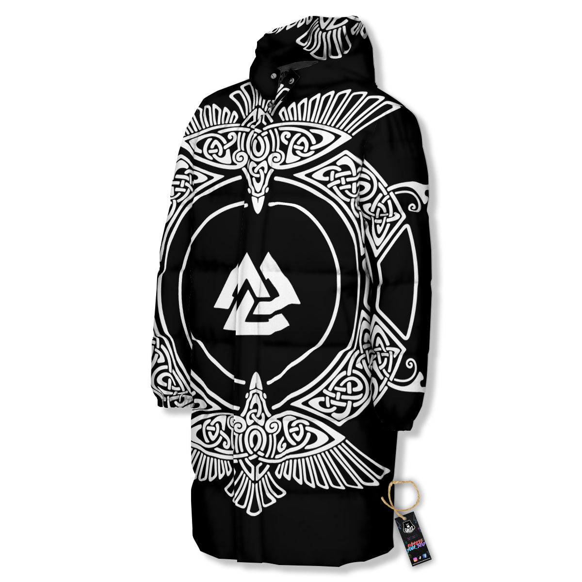 Symbol Viking Valknut Print Long Down Jacket-grizzshop