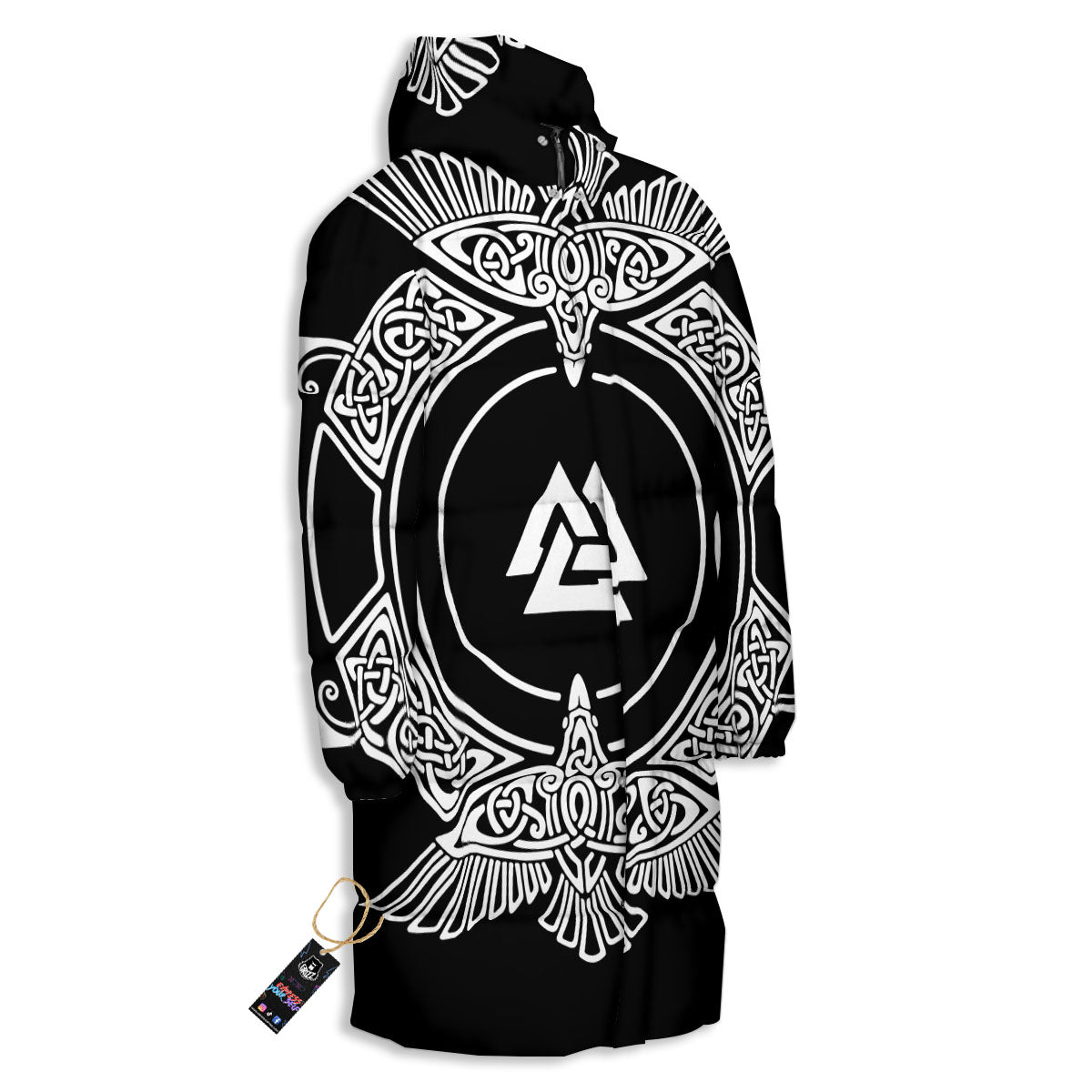 Symbol Viking Valknut Print Long Down Jacket-grizzshop