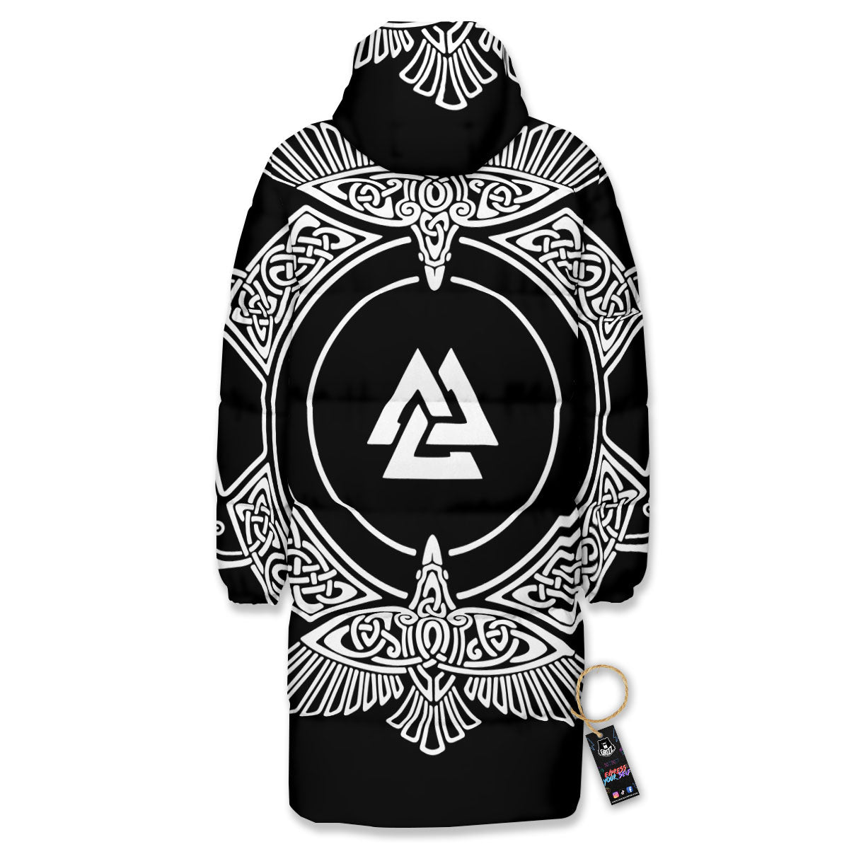 Symbol Viking Valknut Print Long Down Jacket-grizzshop