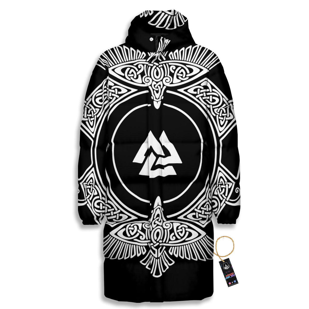 Symbol Viking Valknut Print Long Down Jacket-grizzshop