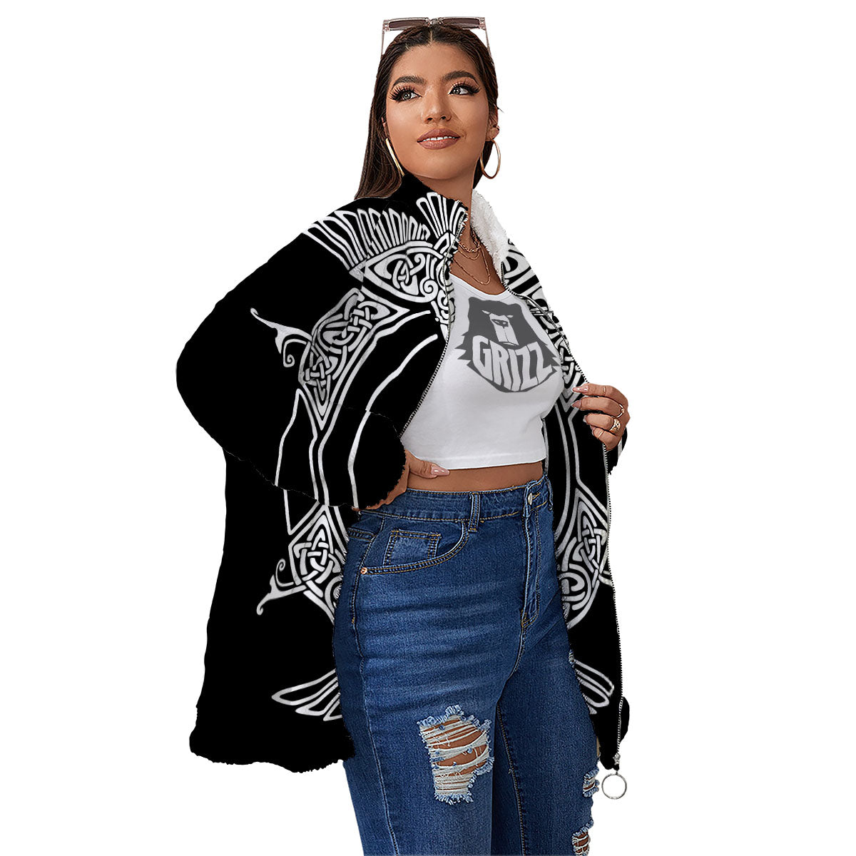 Symbol Viking Valknut Print Women's Sherpa Jacket-grizzshop