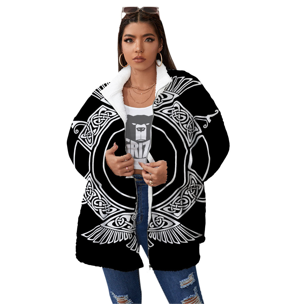 Symbol Viking Valknut Print Women's Sherpa Jacket-grizzshop