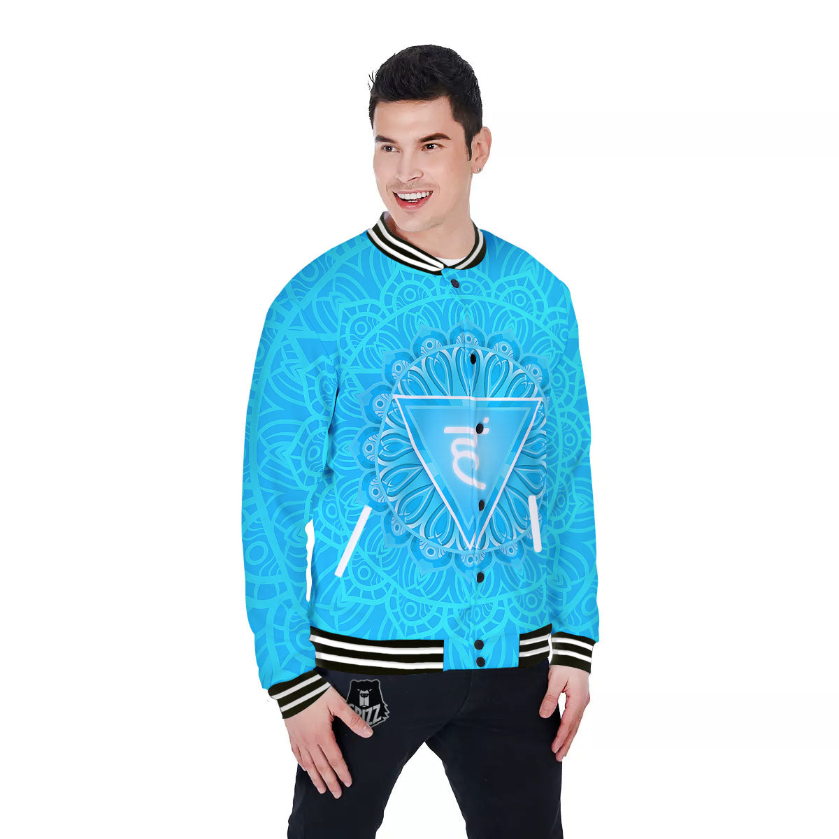 Symbol Vishuddha Chakra Print Baseball Jacket-grizzshop