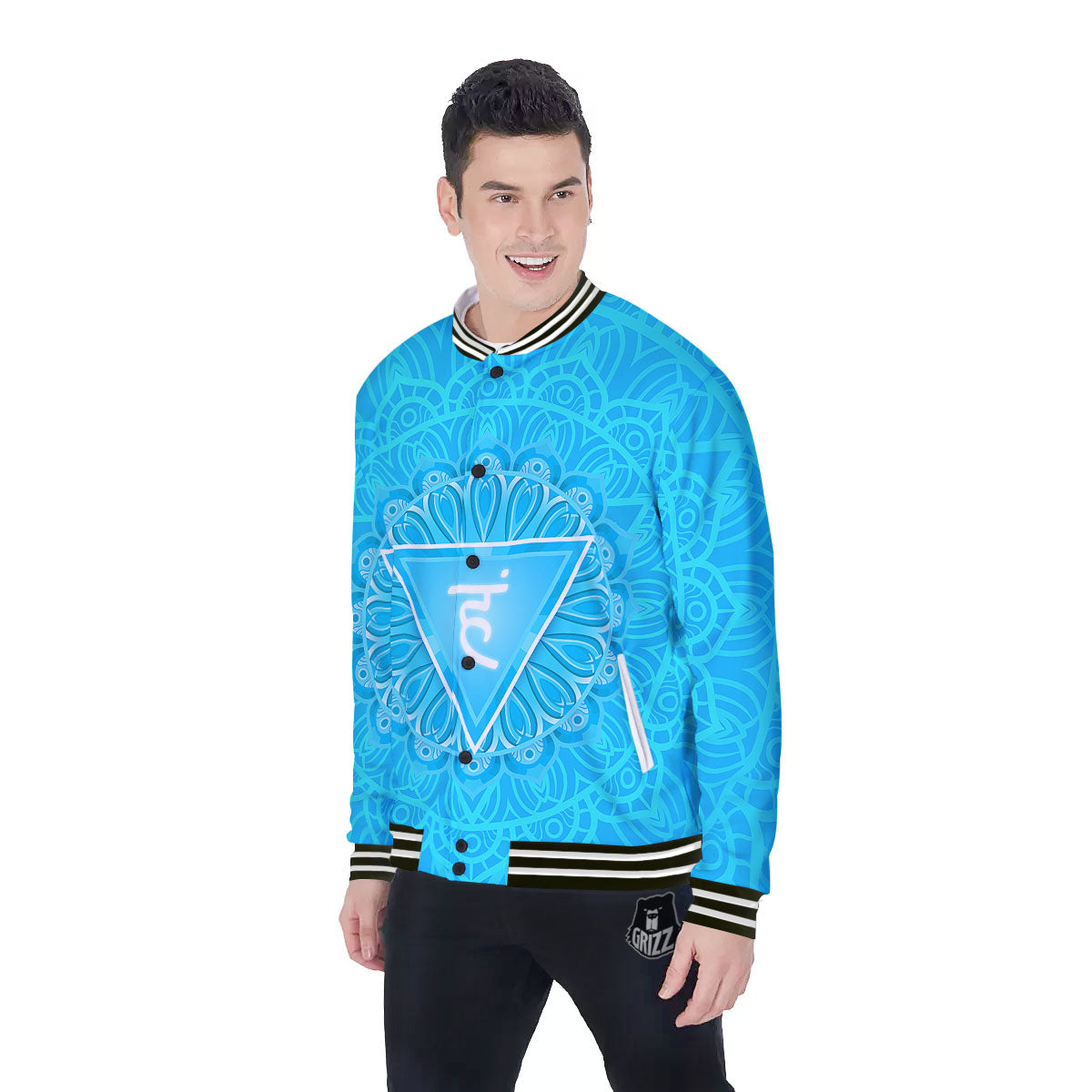 Symbol Vishuddha Chakra Print Baseball Jacket-grizzshop