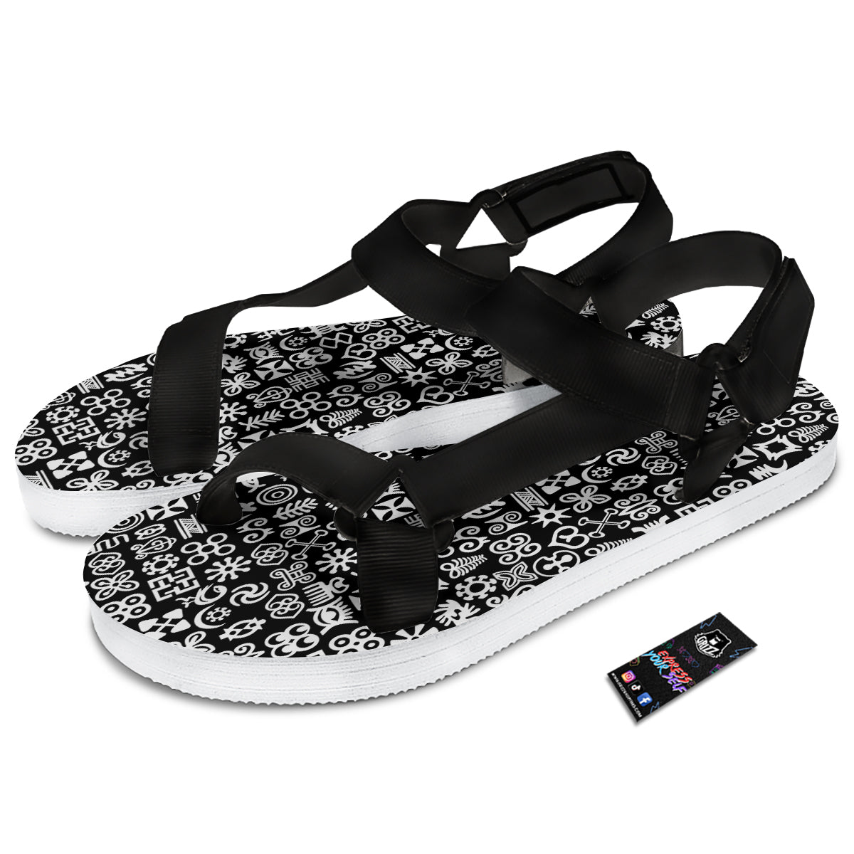 Symbols Black Adinkra Print Pattern Black Open Toe Sandals-grizzshop