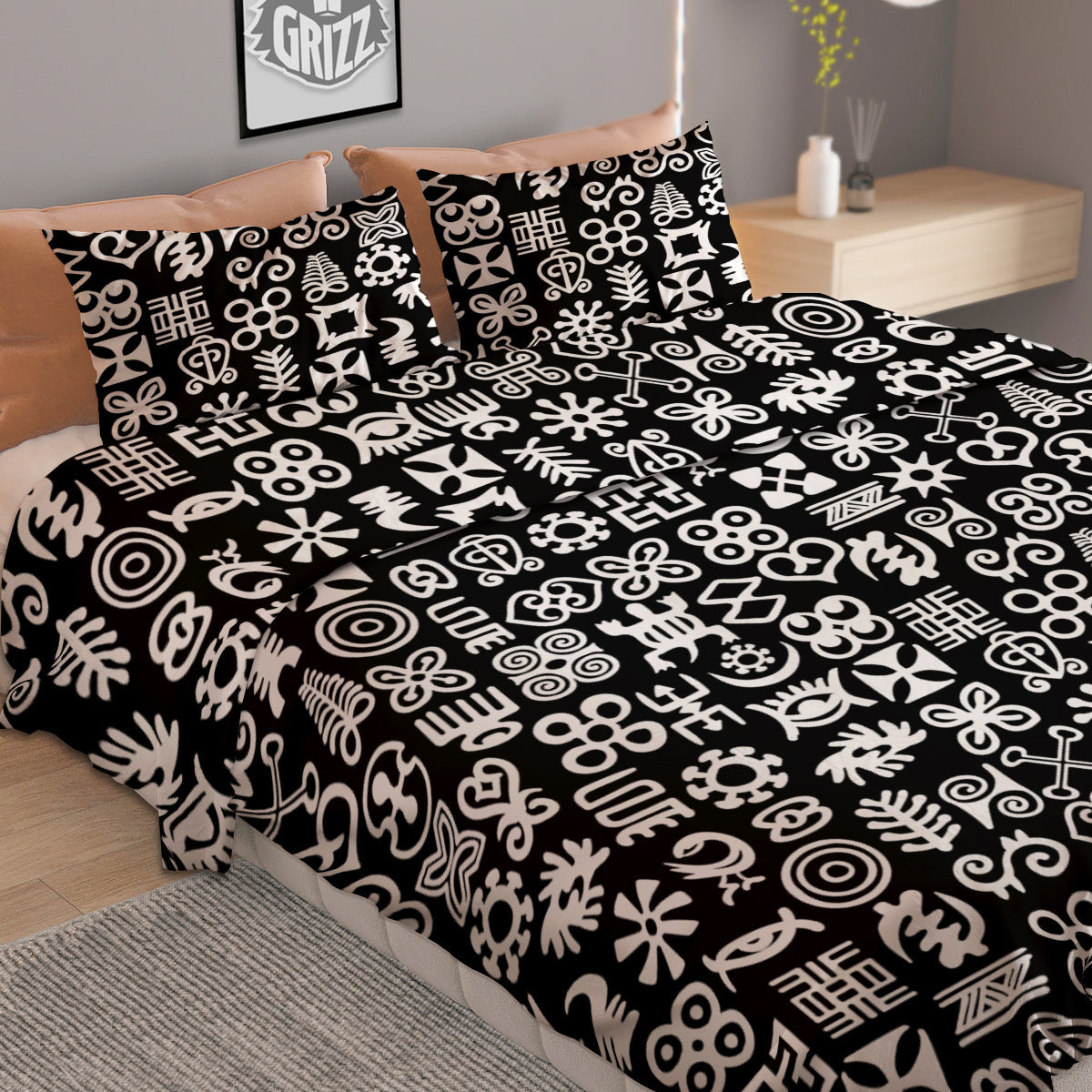 Symbols Black Adinkra Print Pattern Duvet Cover Bedding Set