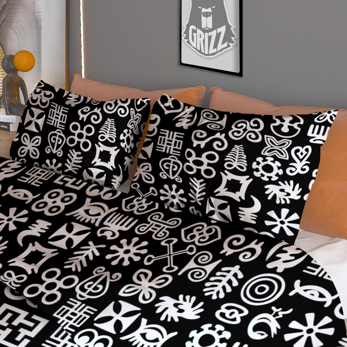 Symbols Black Adinkra Print Pattern Duvet Cover Bedding Set