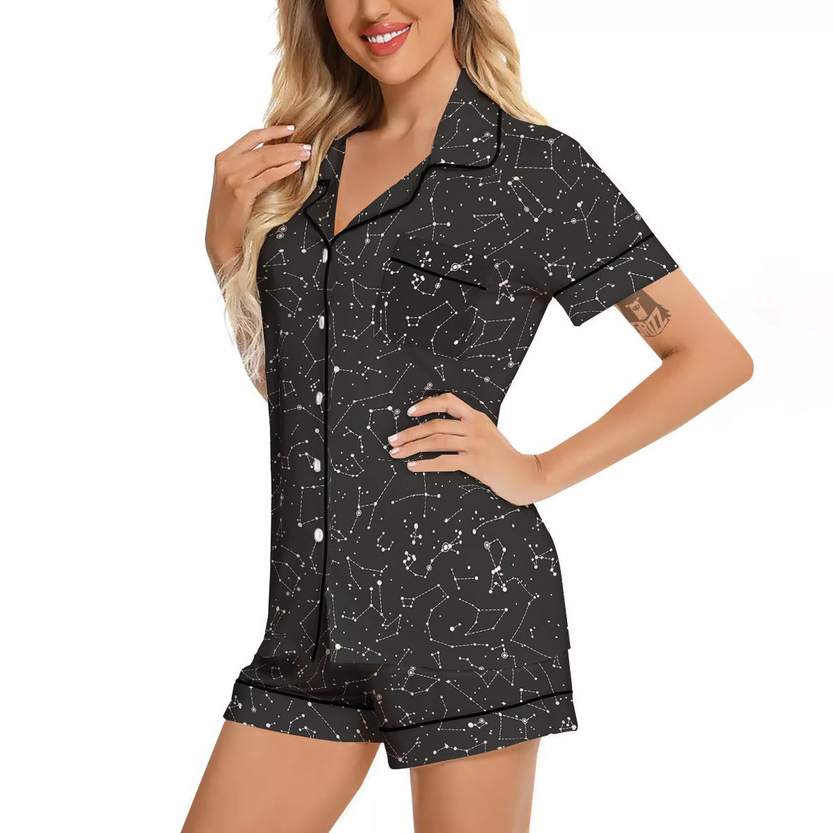 Symbols Constellation Print Pattern Women Silk Pajamas-grizzshop