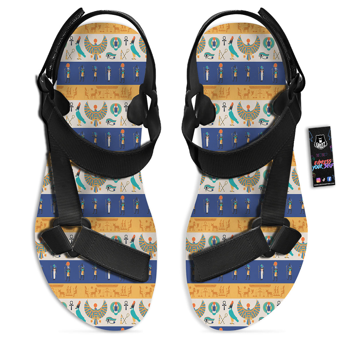 Symbols Egyptian Print Pattern Black Open Toe Sandals-grizzshop