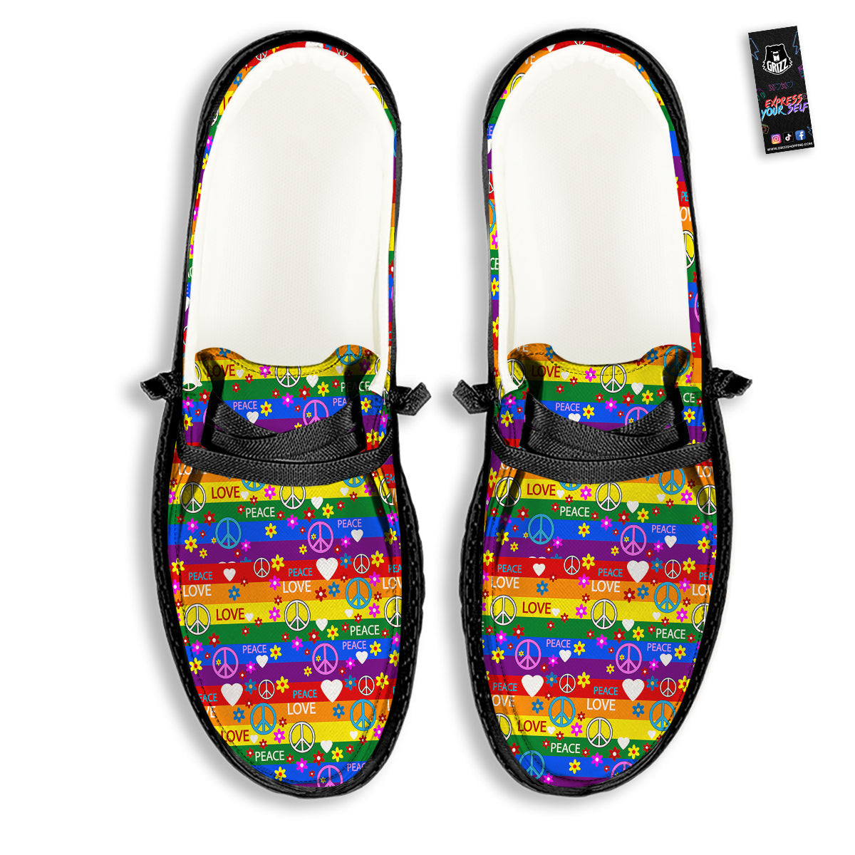 Symbols Of The Hippie And Rainbow Print Black Loafers-grizzshop