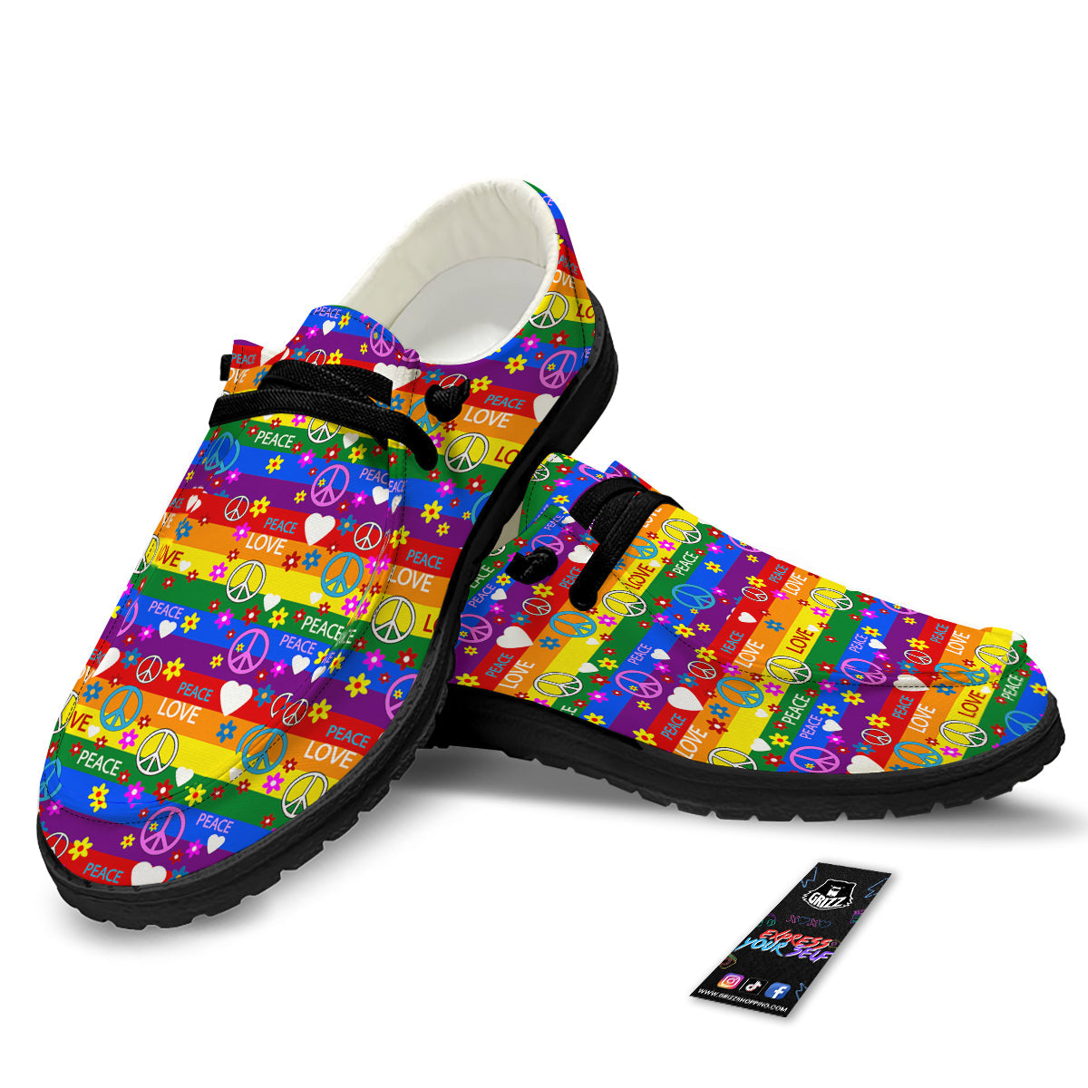 Symbols Of The Hippie And Rainbow Print Black Loafers-grizzshop