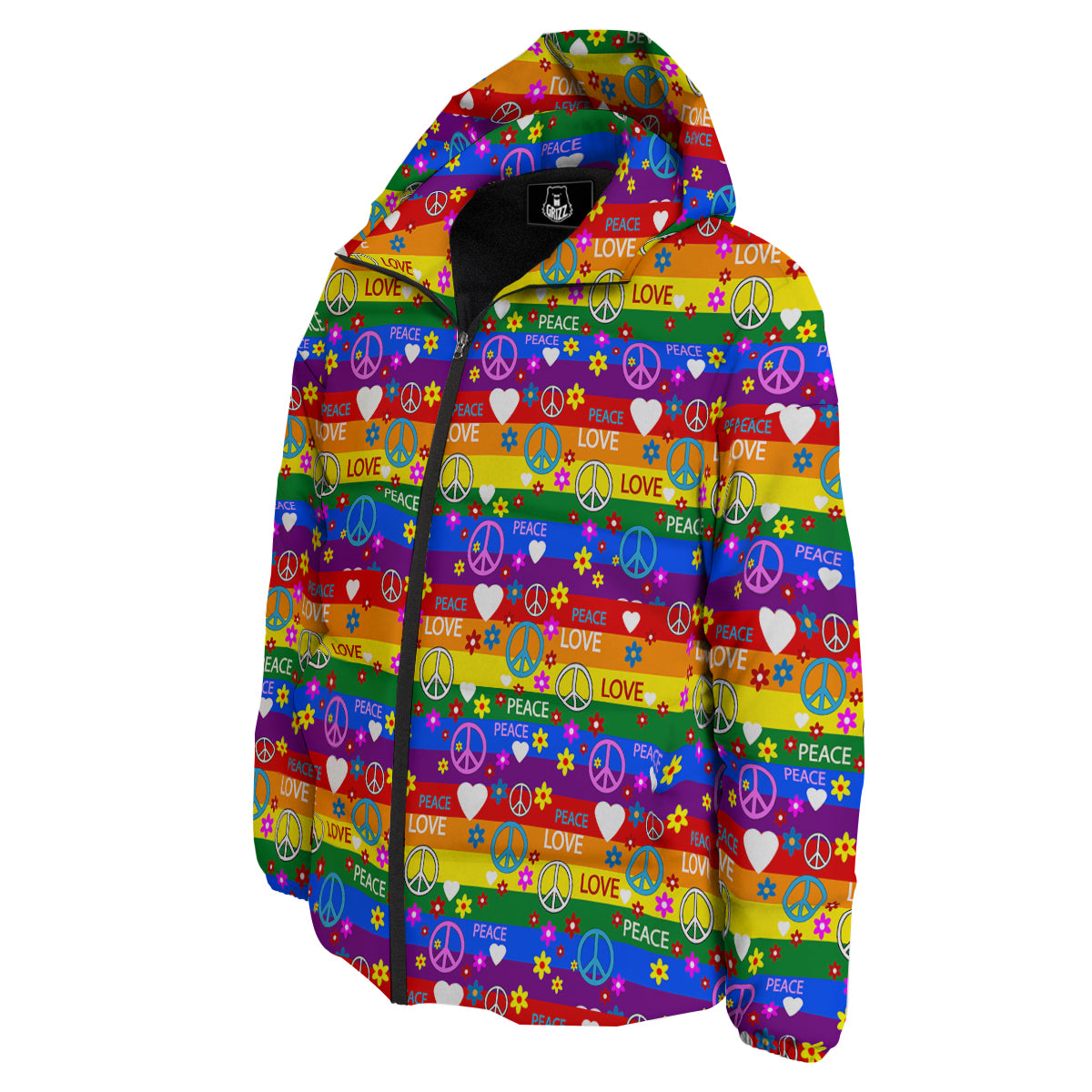 Symbols Of The Hippie And Rainbow Print Down Jacket-grizzshop
