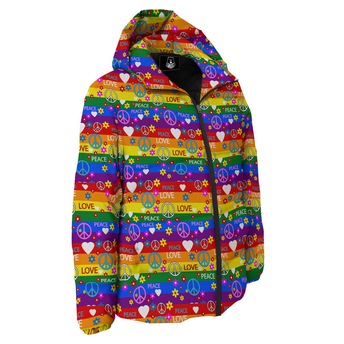 Symbols Of The Hippie And Rainbow Print Down Jacket-grizzshop