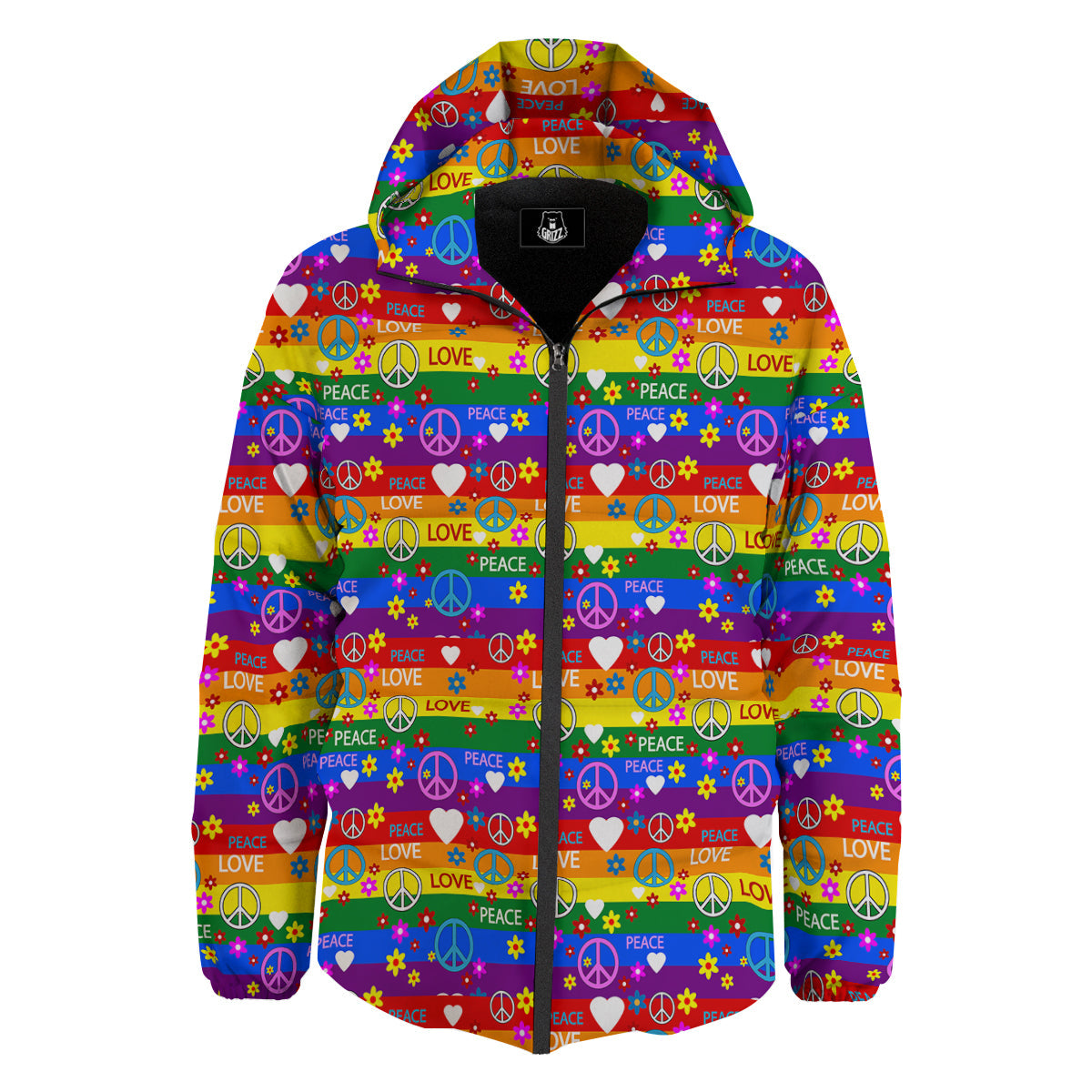 Symbols Of The Hippie And Rainbow Print Down Jacket-grizzshop