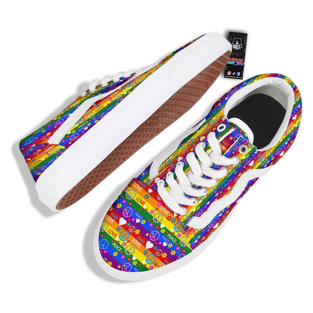 Symbols Of The Hippie And Rainbow Print Skate Shoes-grizzshop