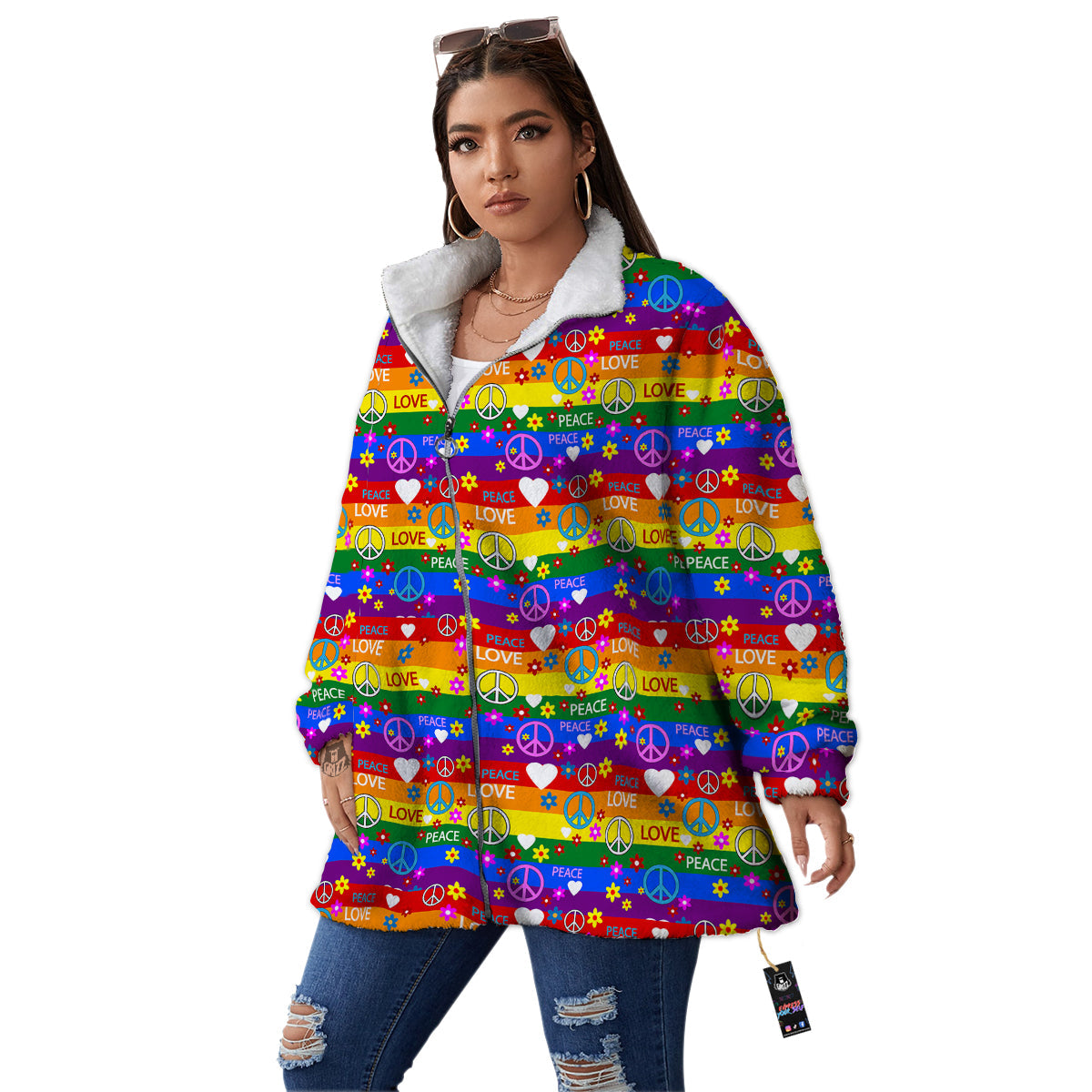 Symbols Of The Hippie And Rainbow Print Women's Sherpa Jacket-grizzshop
