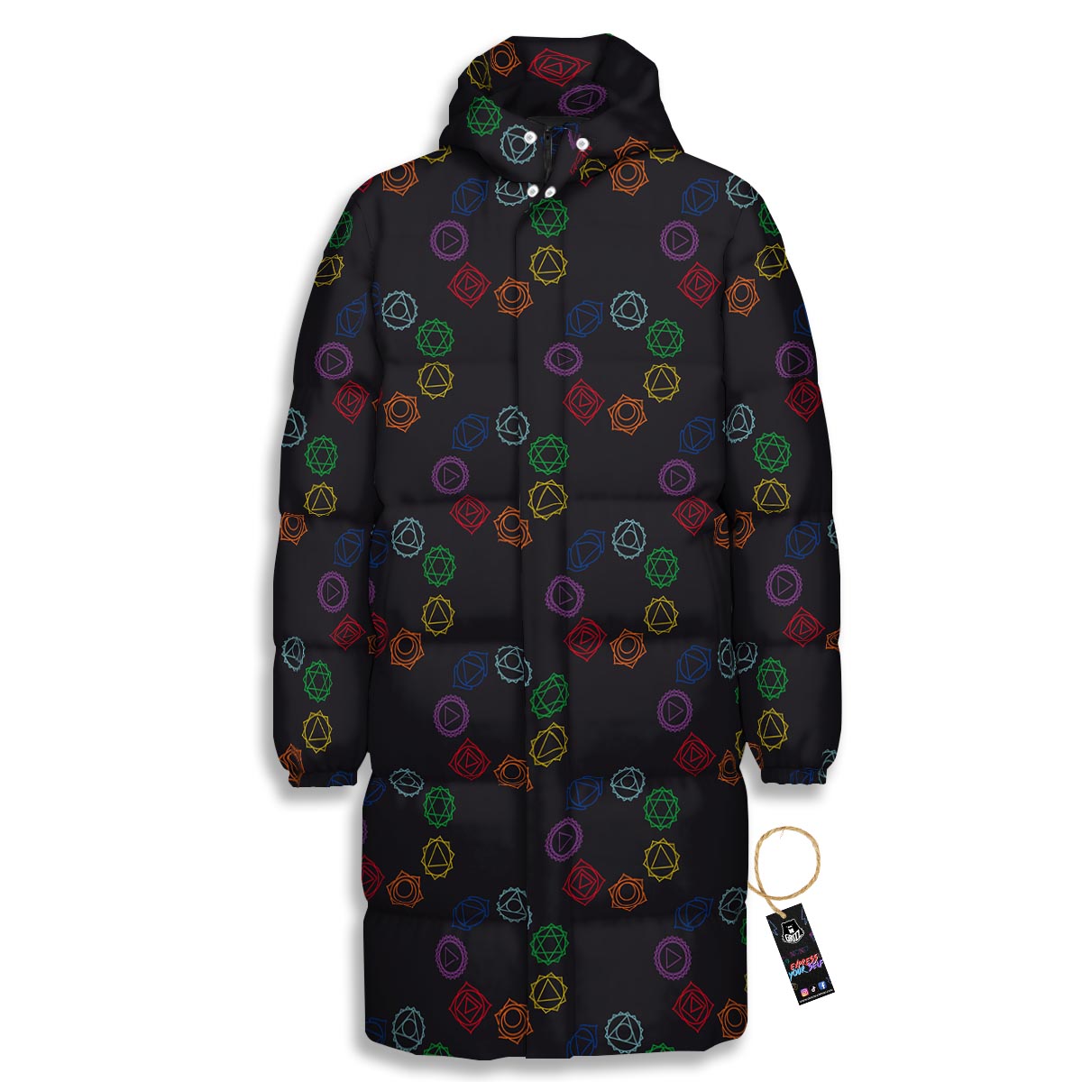 Symbols Seven Chakra Print Pattern Long Down Jacket-grizzshop