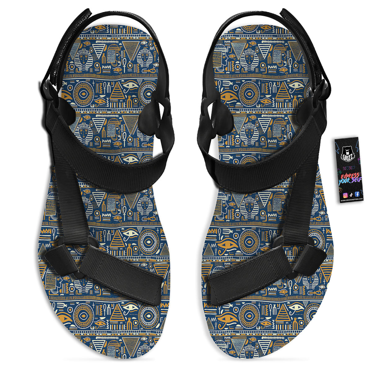 Symbols Tribal Egyptian Print Black Open Toe Sandals-grizzshop