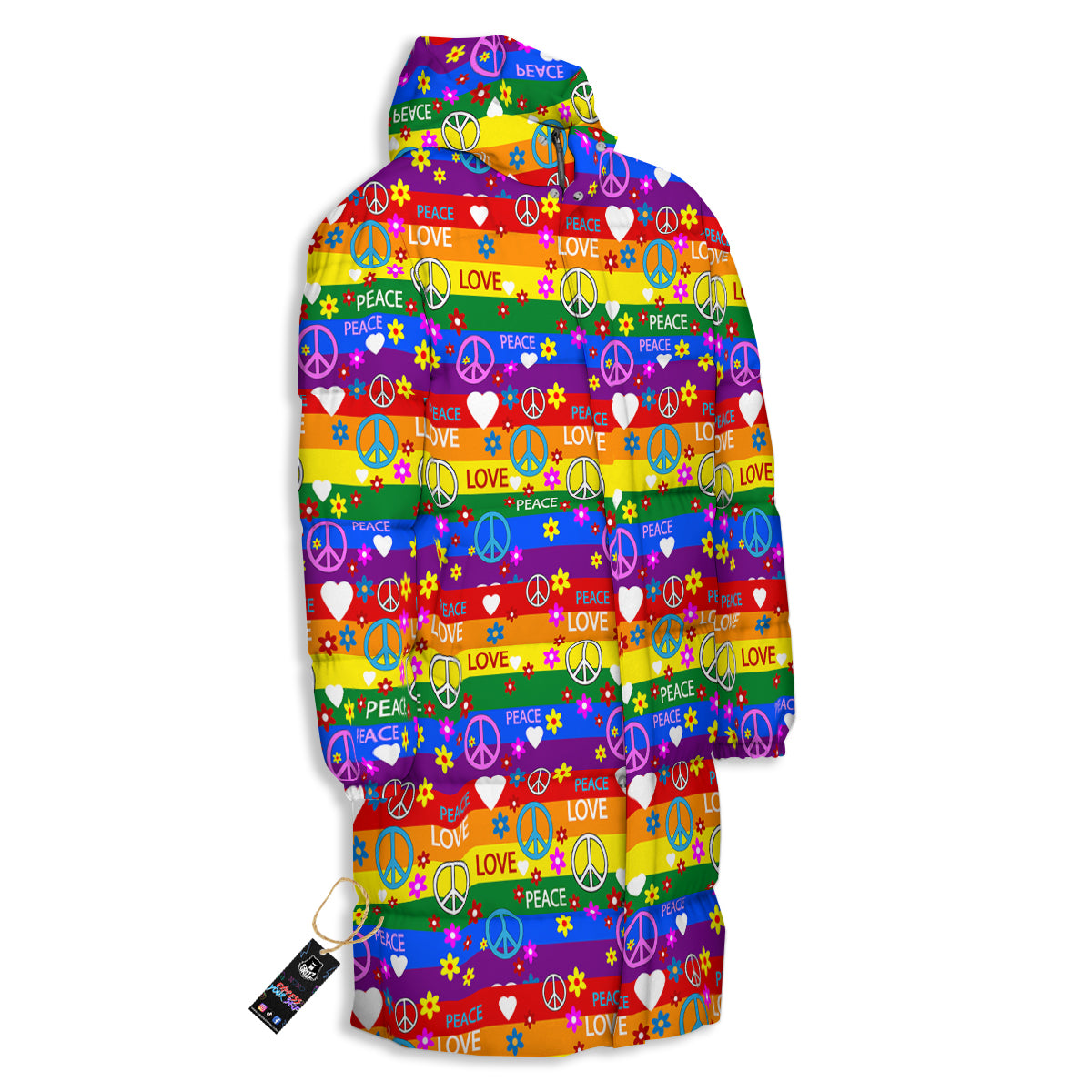 Symbols Of The Hippie And Rainbow Print Long Down Jacket