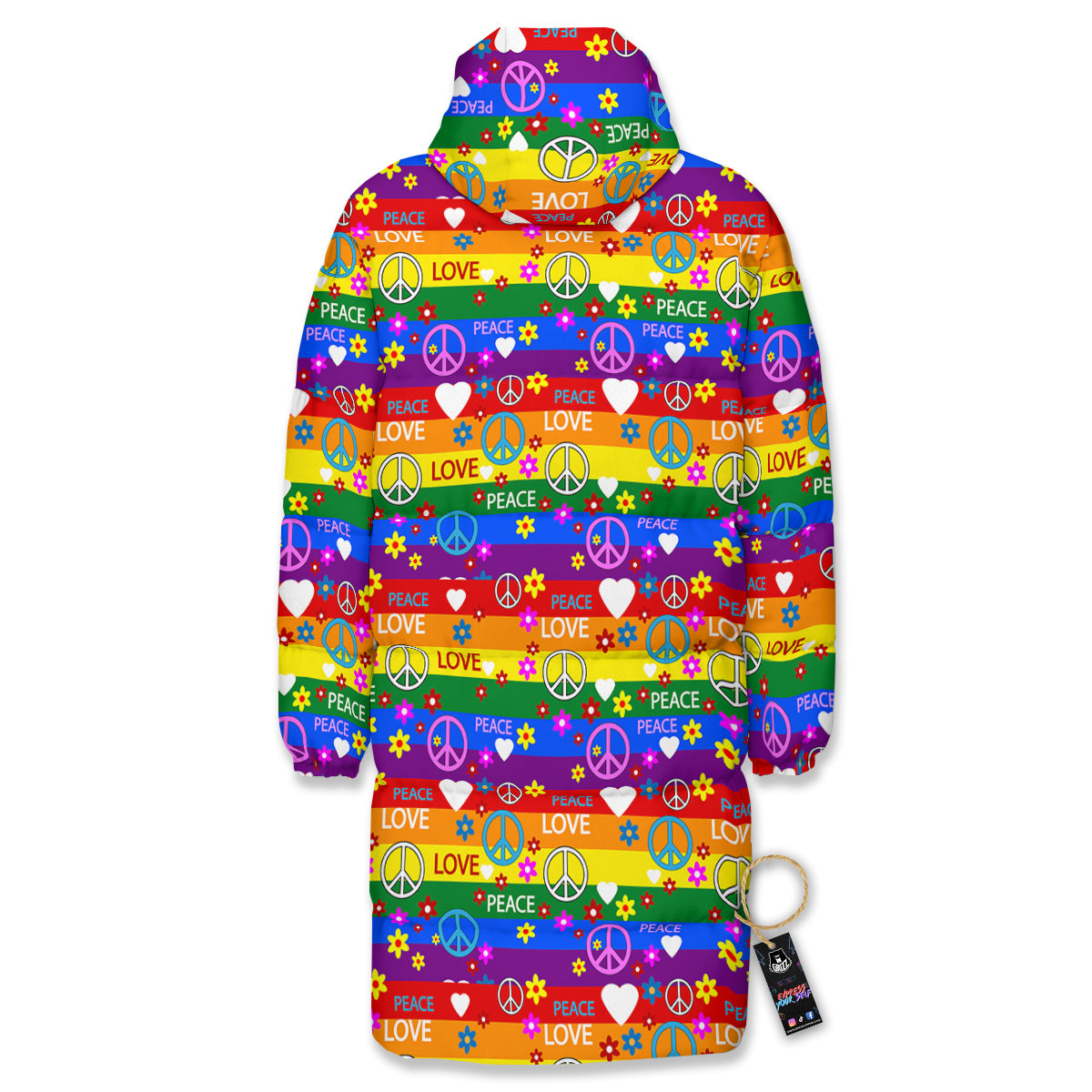 Symbols Of The Hippie And Rainbow Print Long Down Jacket
